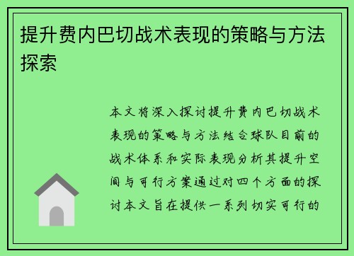 提升费内巴切战术表现的策略与方法探索 提升费内巴切战术表现的策略与方法探索